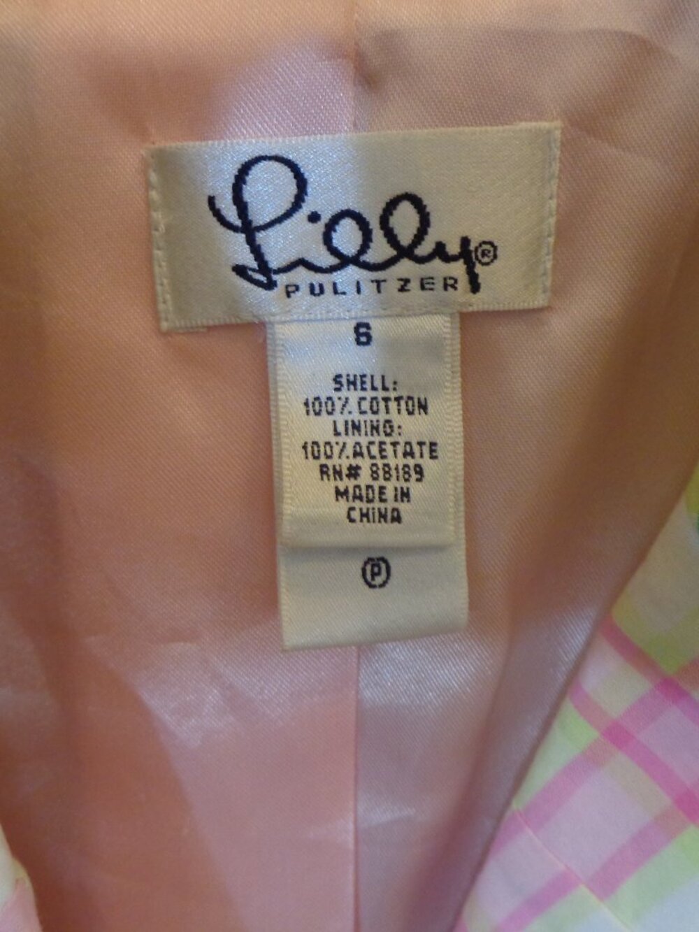 Classic Lily Pulitzer Cotton Plaid Blazer, Lined Pink and Green sz 8 - Picture 5 of 5